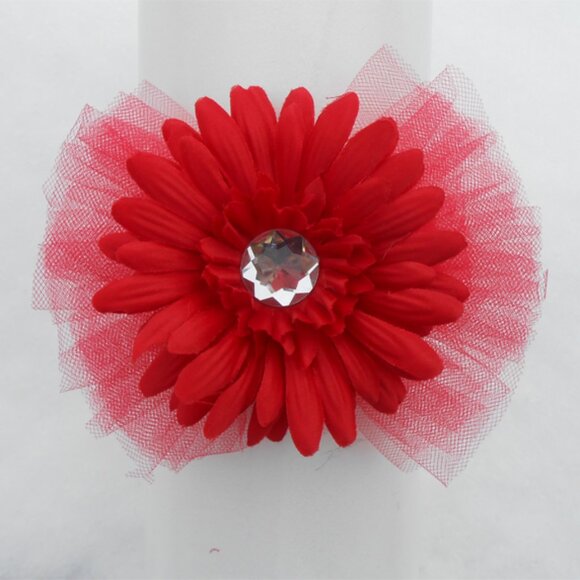 NEW Red Aster Flower & Tulle Headband Girls One Size Fits All 5" - Picture 1 of 1